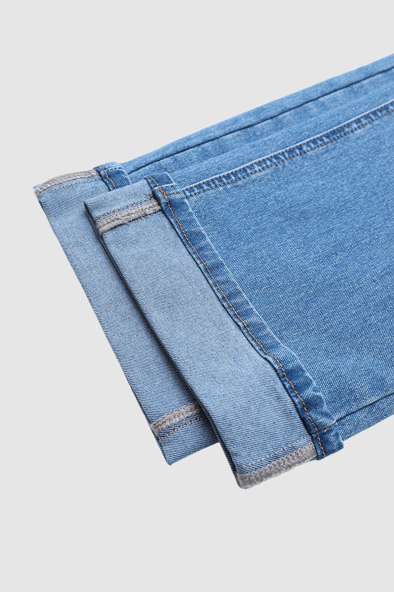 Wash Ripped Roll Hem Mid Waist Straight Leg Crop Jeans