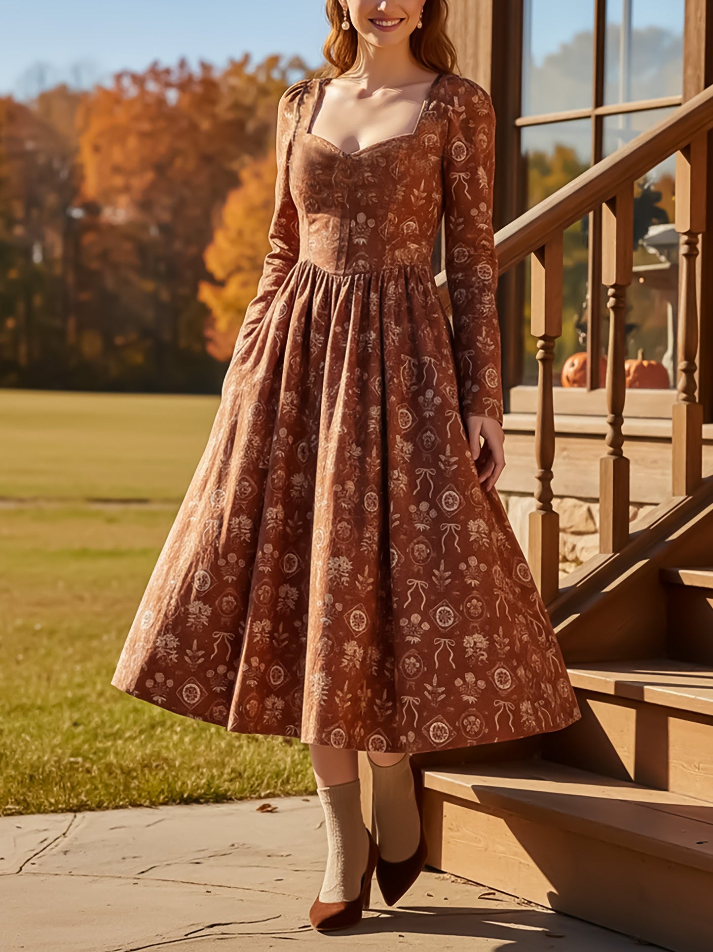 Robe midi en lin, manches longues, col en cœur, motif floral, vintage, couleur caramel