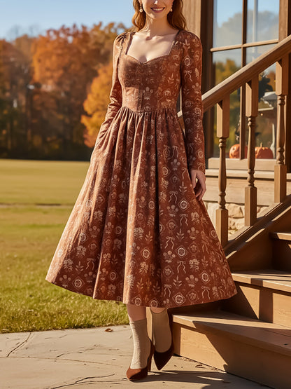 Robe midi en lin, manches longues, col en cœur, motif floral, vintage, couleur caramel