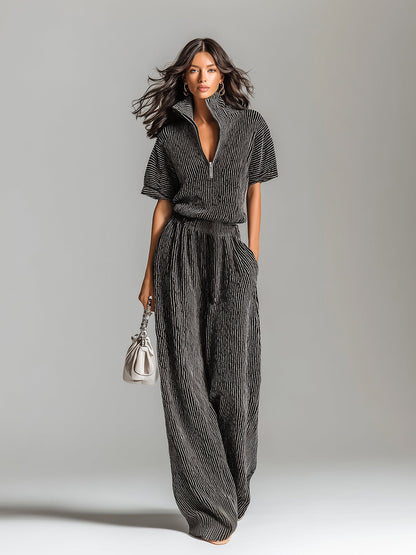 Chic Elegant Black Stripes Zipper-Up Stand Collar Short-Sleeve Loose-Fit Sweater And Wide-Leg Pants Knit Two-Piece Set