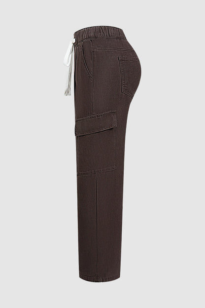 Solid Flap Pocket Drawstring Elastic Mid Waist Wide Leg Cargo Pants