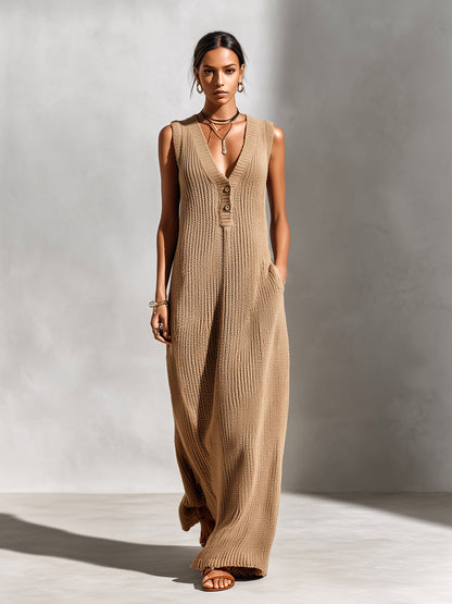 Chic Elegant Camel V-Neck Button-Front Sleeveless Loose-Fit Ribbed Knit Maxi Dress