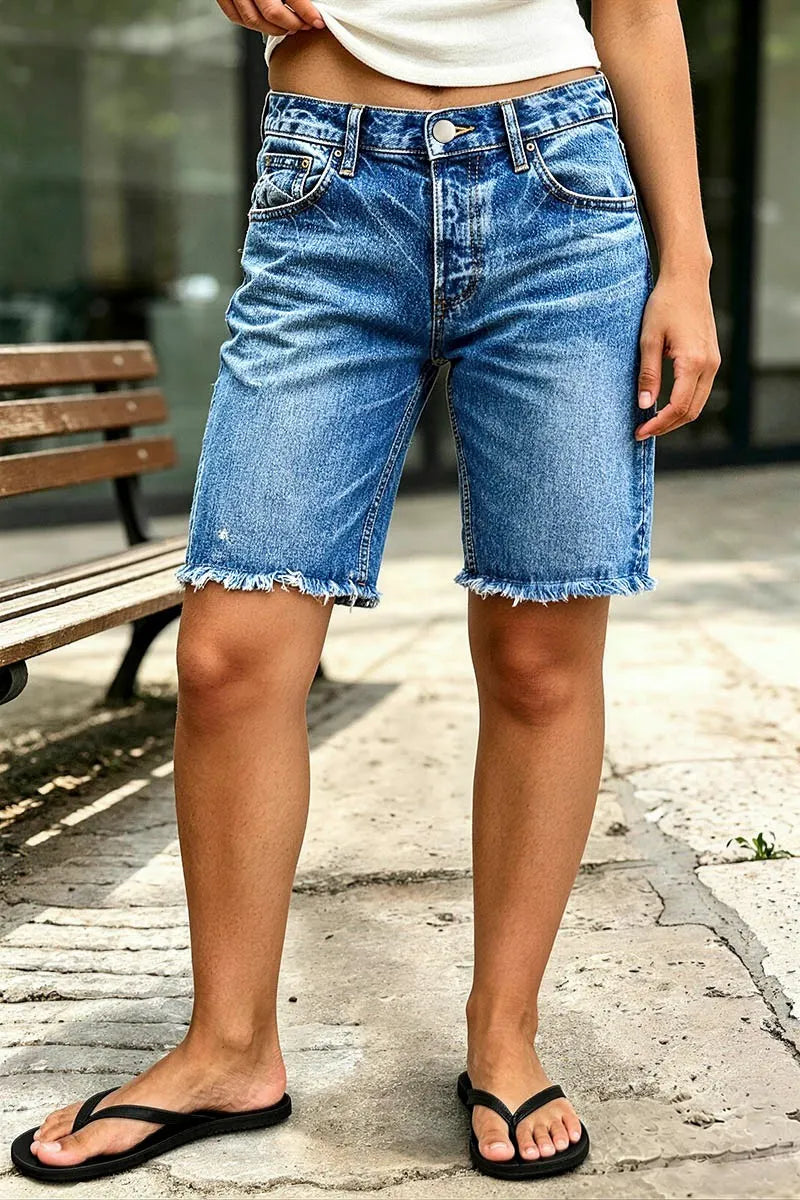 Wash Raw Hem Mid Rise Denim Bermuda Shorts
