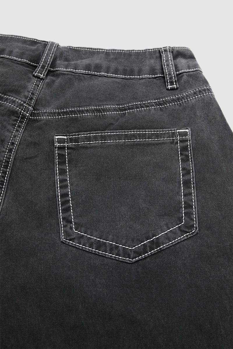 Wash Flap Pocket Seam Detail High Waist Straight Leg Pants Without Belt