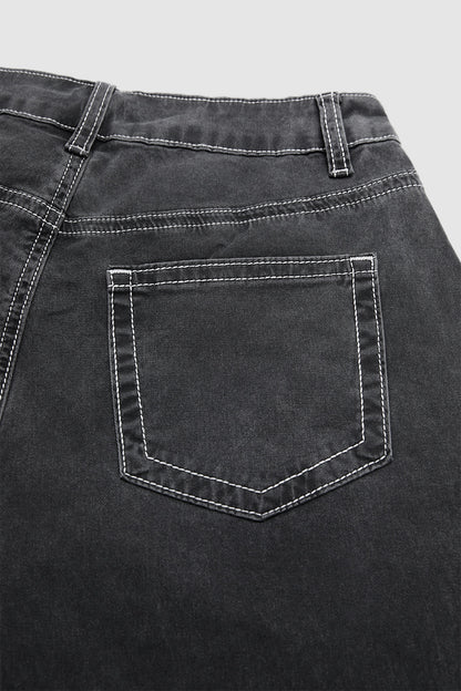 Wash Flap Pocket Seam Detail High Waist Straight Leg Pants Without Belt