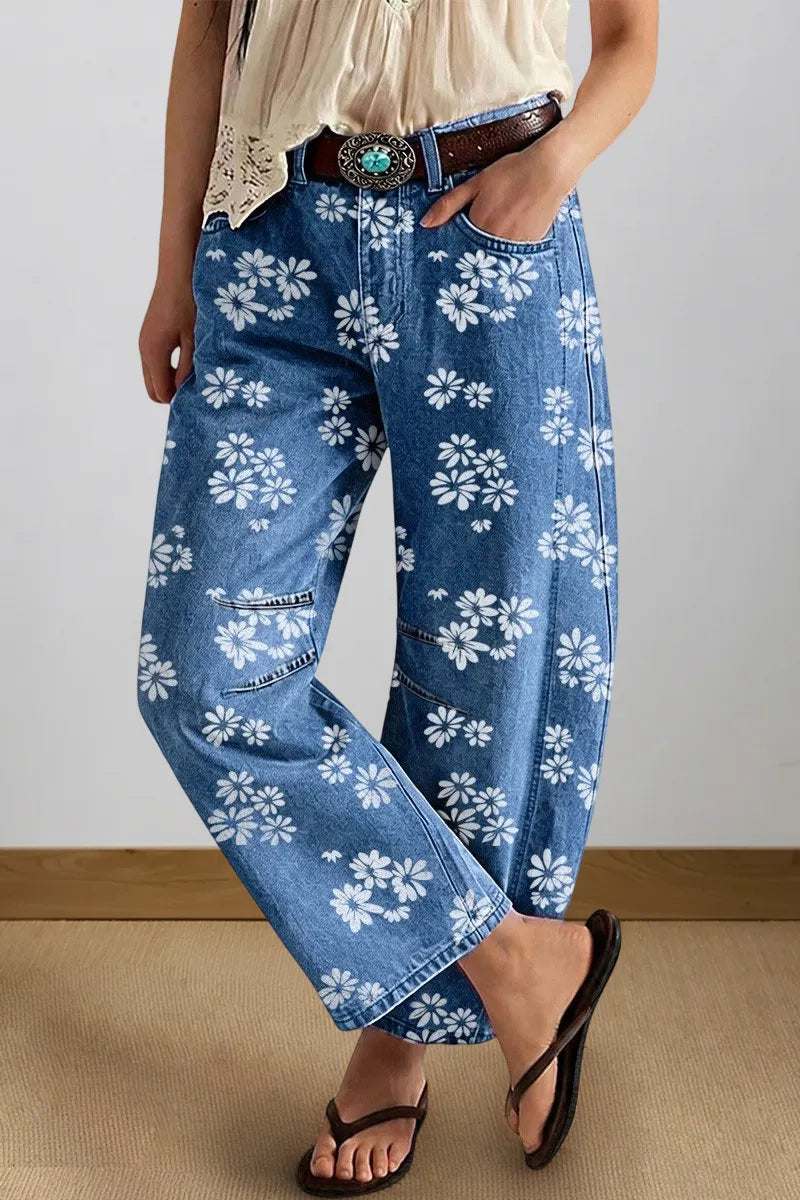 Floral Pattern Mid Waist Barrel Leg Crop Jeans Without Belt