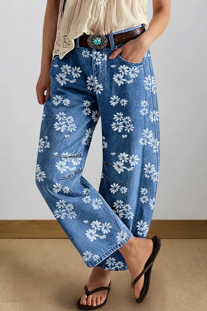Floral Pattern Mid Waist Barrel Leg Crop Jeans Without Belt