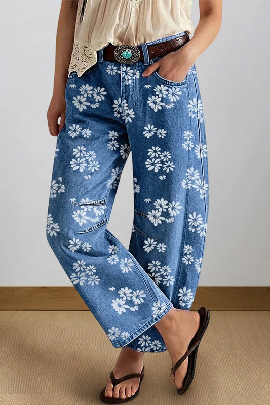 Floral Pattern Mid Waist Barrel Leg Crop Jeans Without Belt