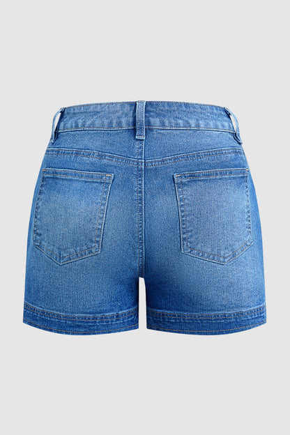 Button Tab Mid Waist Denim Mid Thigh Shorts