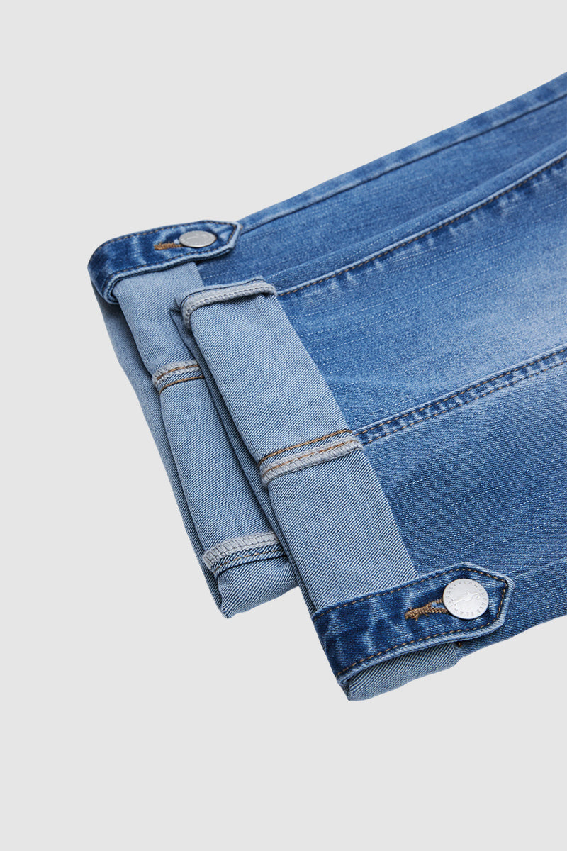 Seam Front Roll Hem Patch Pocket Mid Rise Straight Leg Capri Jeans