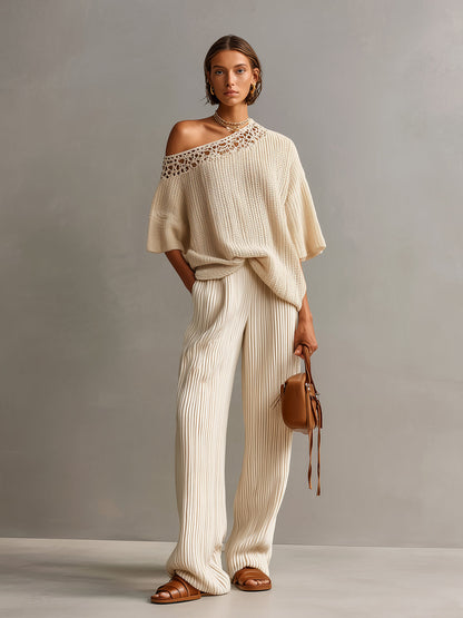 Chic Elegant Beige One Shoulder Short-Sleeve Lace Details Loose-Fit Sweater Wide-Leg Pants Ribbed Knit Two-Piece Set