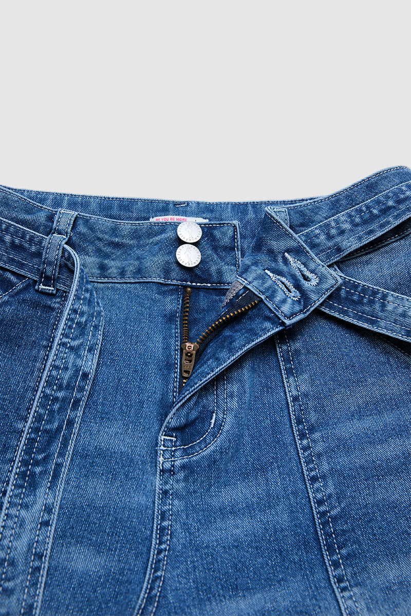 Wash Tie Belt Stitch Detail Mid Waist Wide Leg Jeans