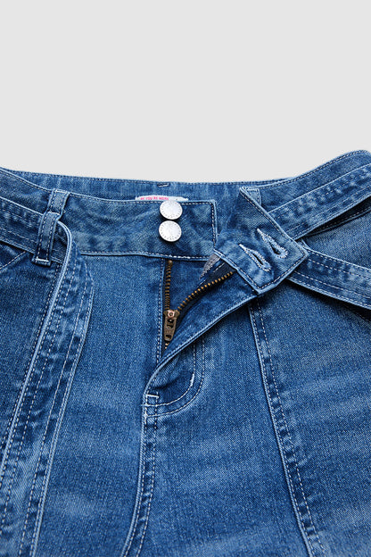 Wash Tie Belt Stitch Detail Mid Waist Wide Leg Jeans