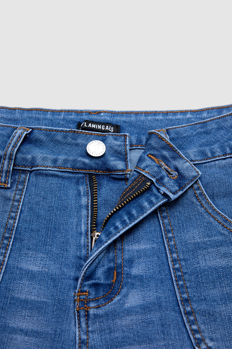 Roll Hem Button Tab Ripped Mid Waist Denim Shorts
