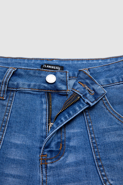 Roll Hem Button Tab Ripped Mid Waist Denim Shorts