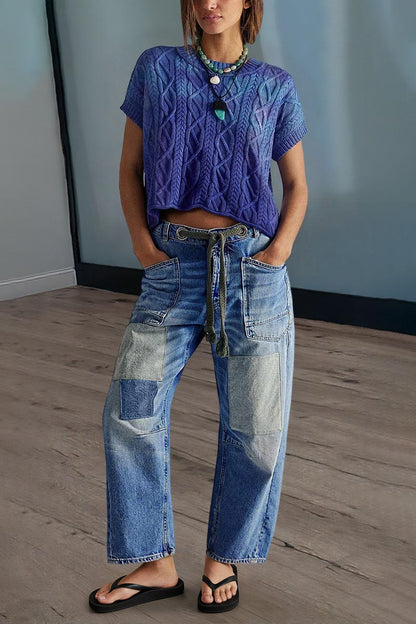 Drawstring Patch Pocket Mid Waist Barrel Leg Jeans
