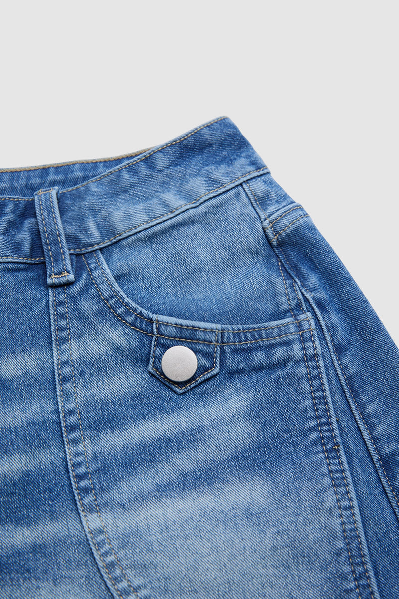Button Tab Mid Waist Denim Mid Thigh Shorts
