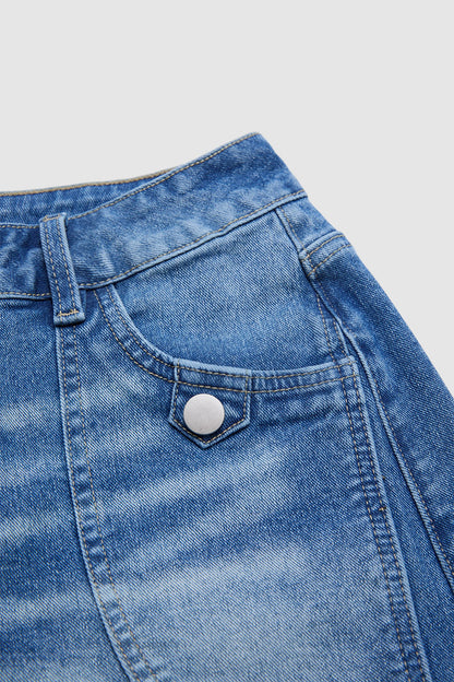 Button Tab Mid Waist Denim Mid Thigh Shorts