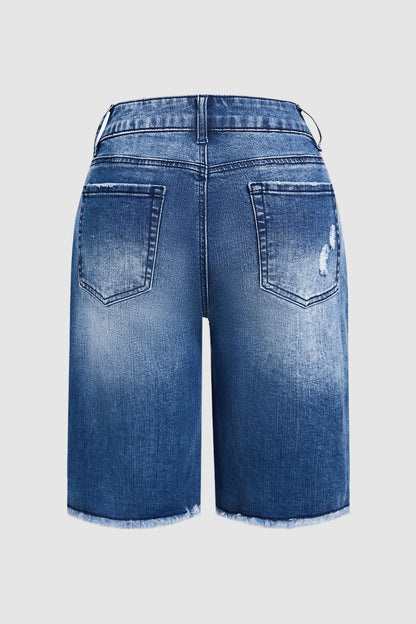 American Flag Patched Ripped Raw Hem Mid Rise Denim Bermuda Shorts