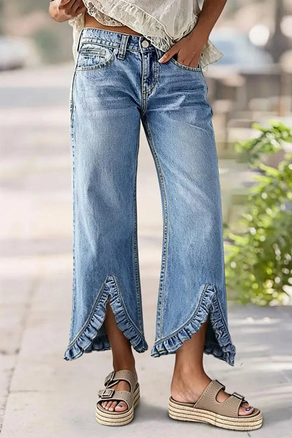 Wash Split Ruffle Hem Mid Waist Wide Leg Cropped Jeans