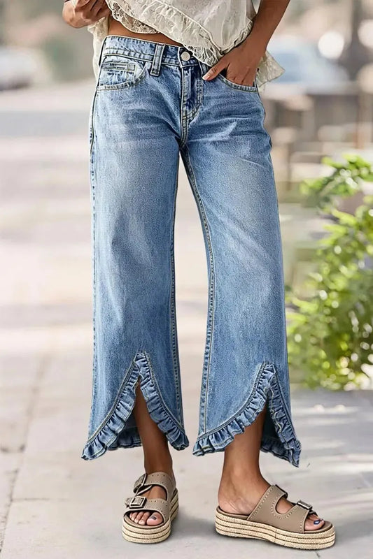 Wash Split Ruffle Hem Mid Waist Wide Leg Cropped Jeans