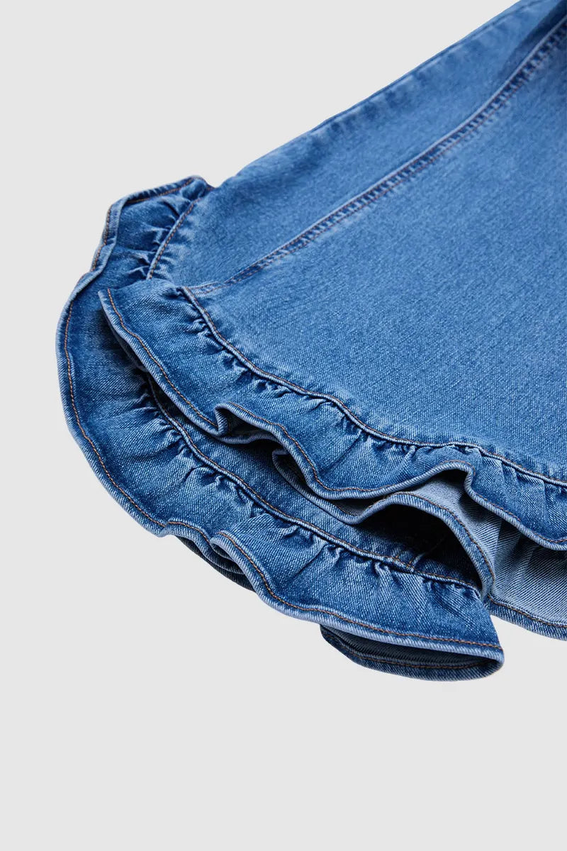 Wash Ruffle Hem Split Mid Waist Wide Leg Jeans