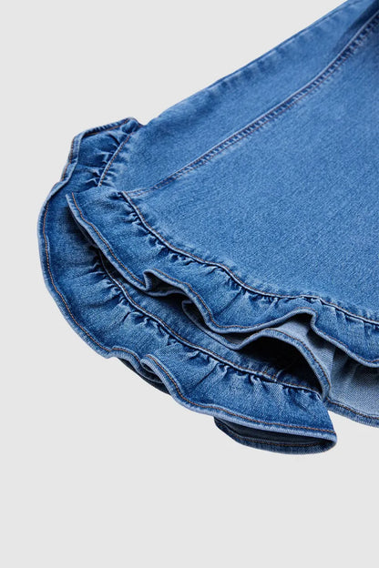 Wash Ruffle Hem Split Mid Waist Wide Leg Jeans