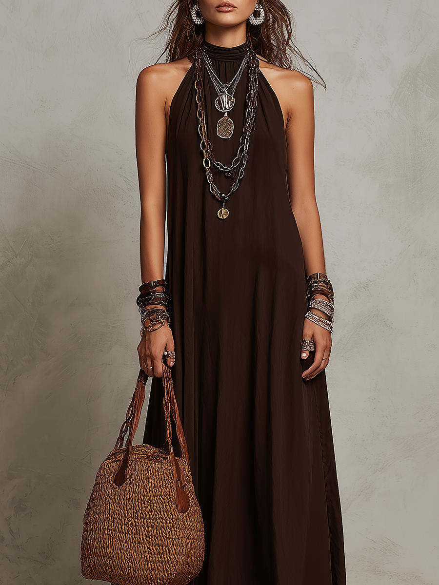Robe longue minimaliste marron foncé à col licou