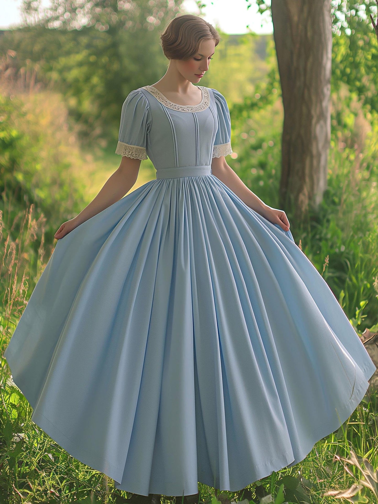 Robe longue en coton, Vintage, Unie, Été, Col en dentelle, Manches courtes, Bleue