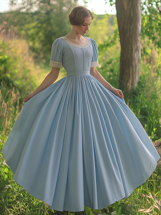 Robe longue en coton, Vintage, Unie, Été, Col en dentelle, Manches courtes, Bleue