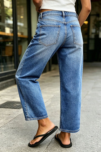 Wash Patch Pocket Mid Rise Straight Leg Crop Jeans