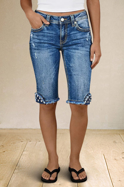 Wash Star Embroidery Raw Hem Mid Waist Denim Bermuda Shorts