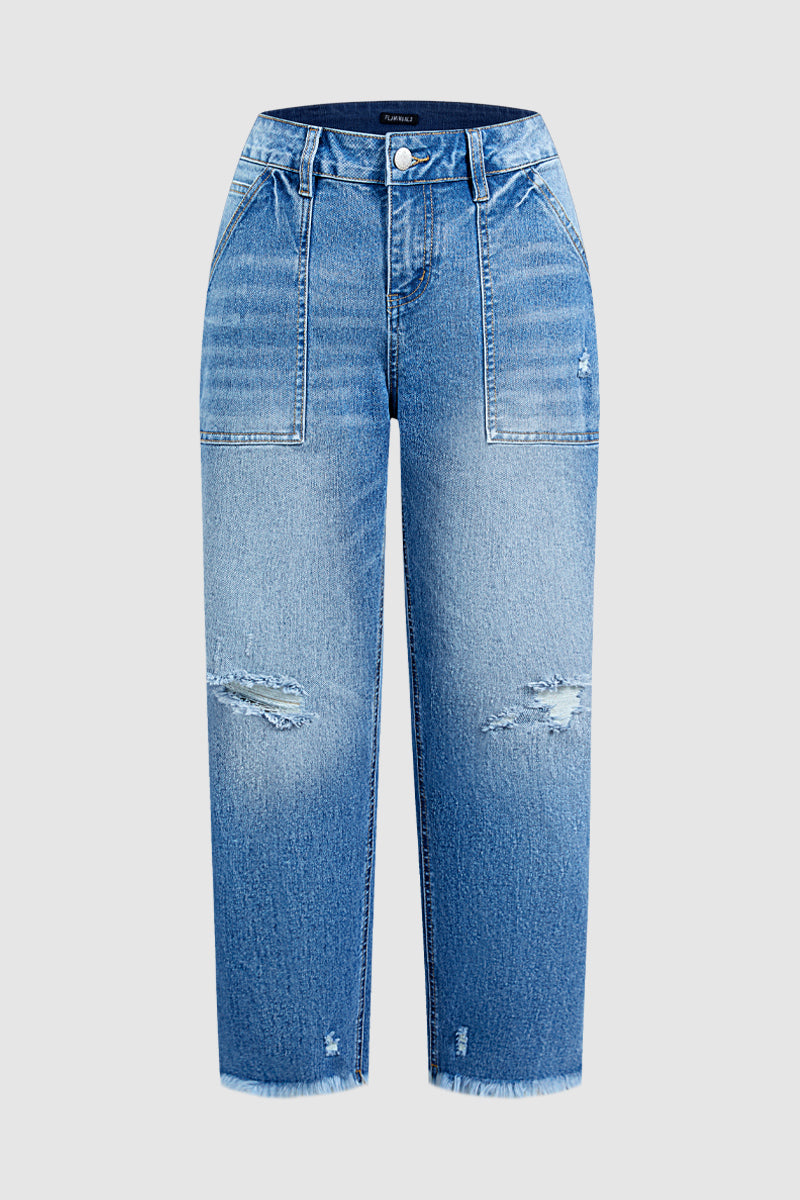 Raw Hem Ripped Mid Waist Straight Leg Crop Jeans