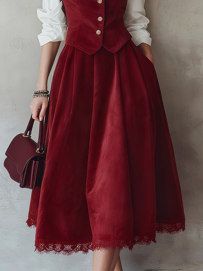 Jupe midi en coton (chemise et gilet non inclus), unie, poches, vintage, rouge lie-de-vin