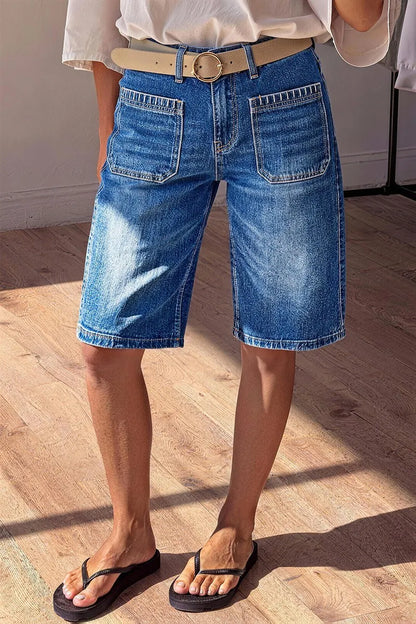 Wash Stitch Detail Patch Pocket High Rise Denim Bermuda Shorts