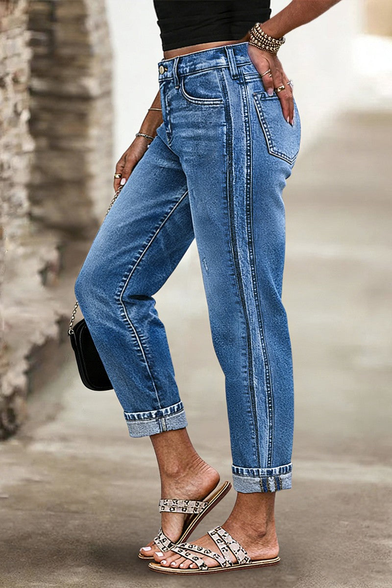 Wash Ripped Mid Waist Straight Leg Crop Jeans