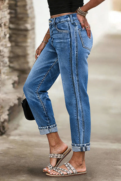 Wash Ripped Mid Waist Straight Leg Crop Jeans