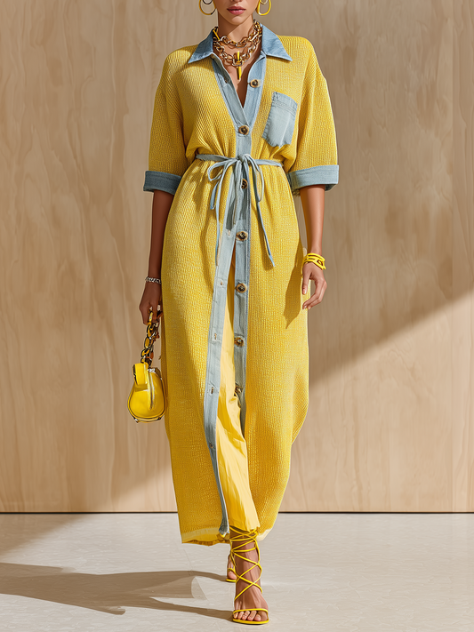 Chic Elegant Yellow Patchwork Denim Lapel Collar Button-Front Loose-Fit Drawstring Waist Loose-Fit Knit Maxi Dress