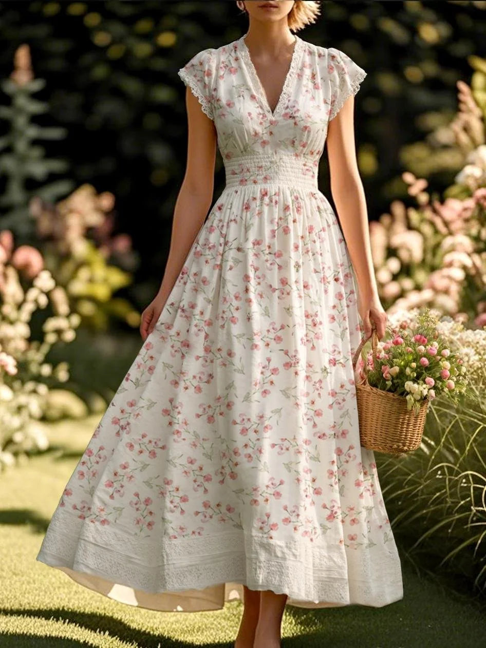 Robe longue en lin, manches courtes, col en dentelle, motif floral, style vintage, couleur blanche (TAILLE:XS-XXL)