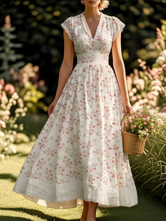 Robe longue en lin, manches courtes, col en dentelle, motif floral, style vintage, couleur blanche (TAILLE:XS-XXL)