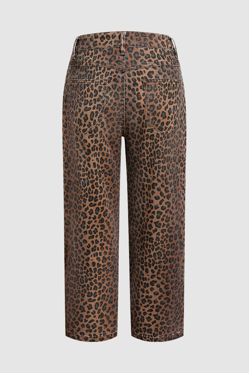 Leopard Print Seam Detail Mid Rise Straight Leg Crop Pants