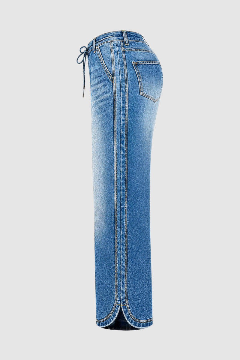 Wash Raw Hem Drawstring Split Mid Waist Wide Leg Jeans