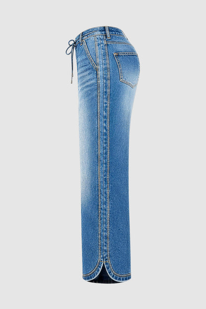 Wash Raw Hem Drawstring Split Mid Waist Wide Leg Jeans