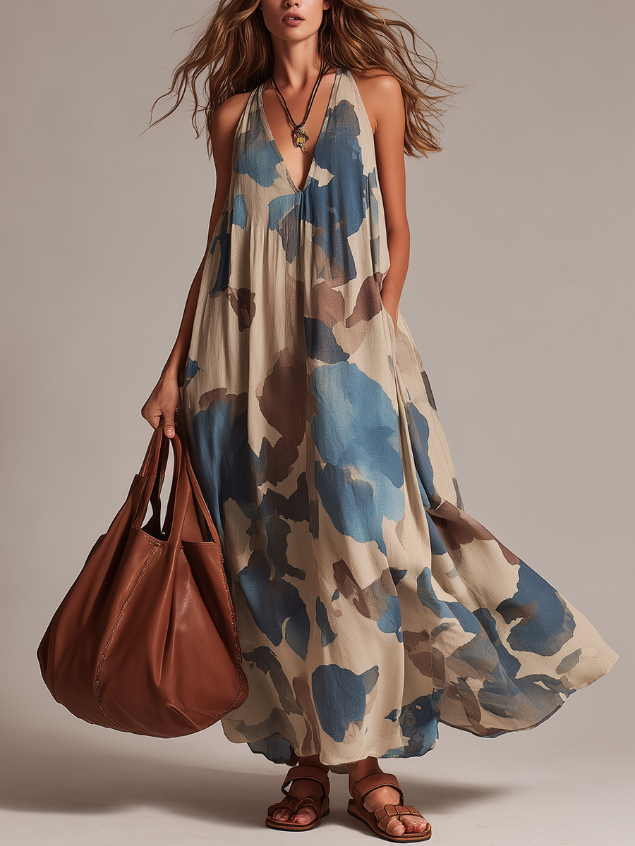 Robe longue décontractée sans manches à imprimé abstrait
