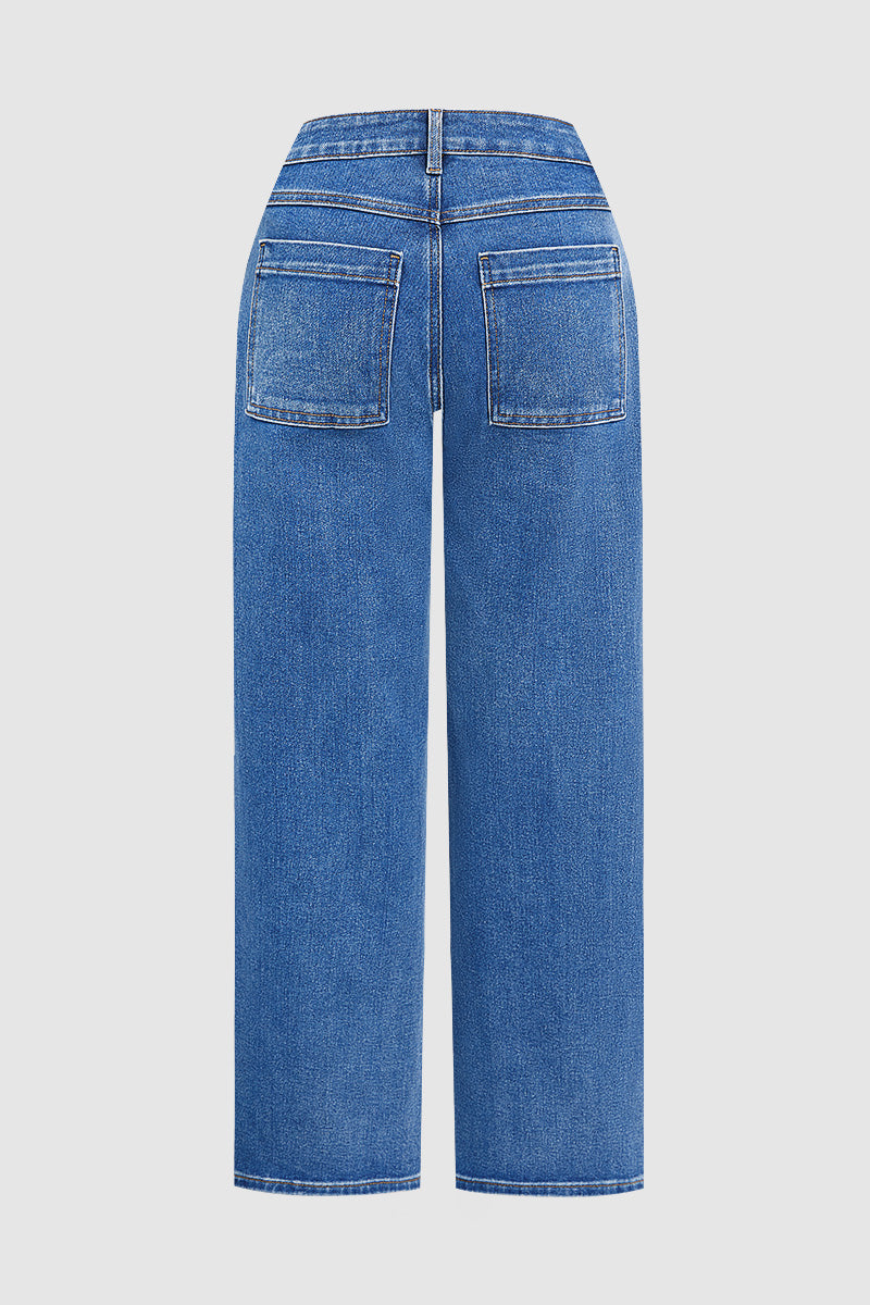 Wash Embroidery Mid Waist Straight Leg Jeans Without Belt