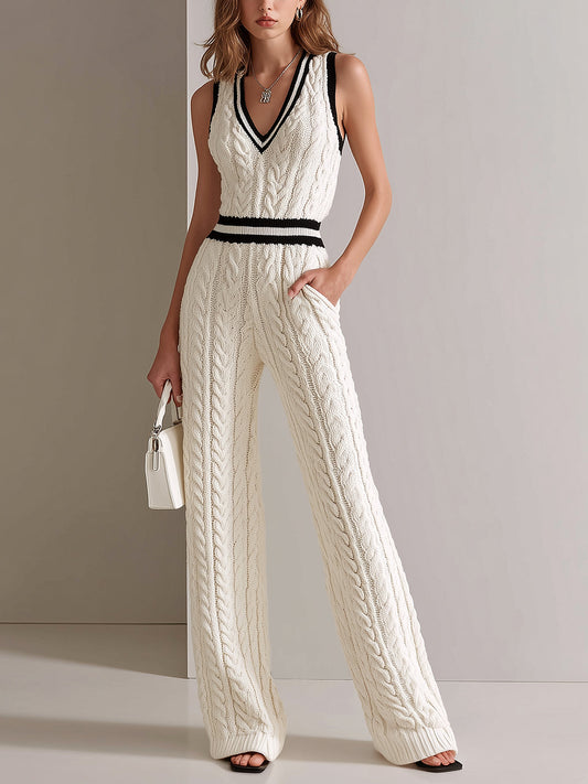 Chic Elegant Cream White V-Neck Sleeveless Contrast Trim Detail Elastic-Waist Loose-Fit Cable Knit Jumpsuit
