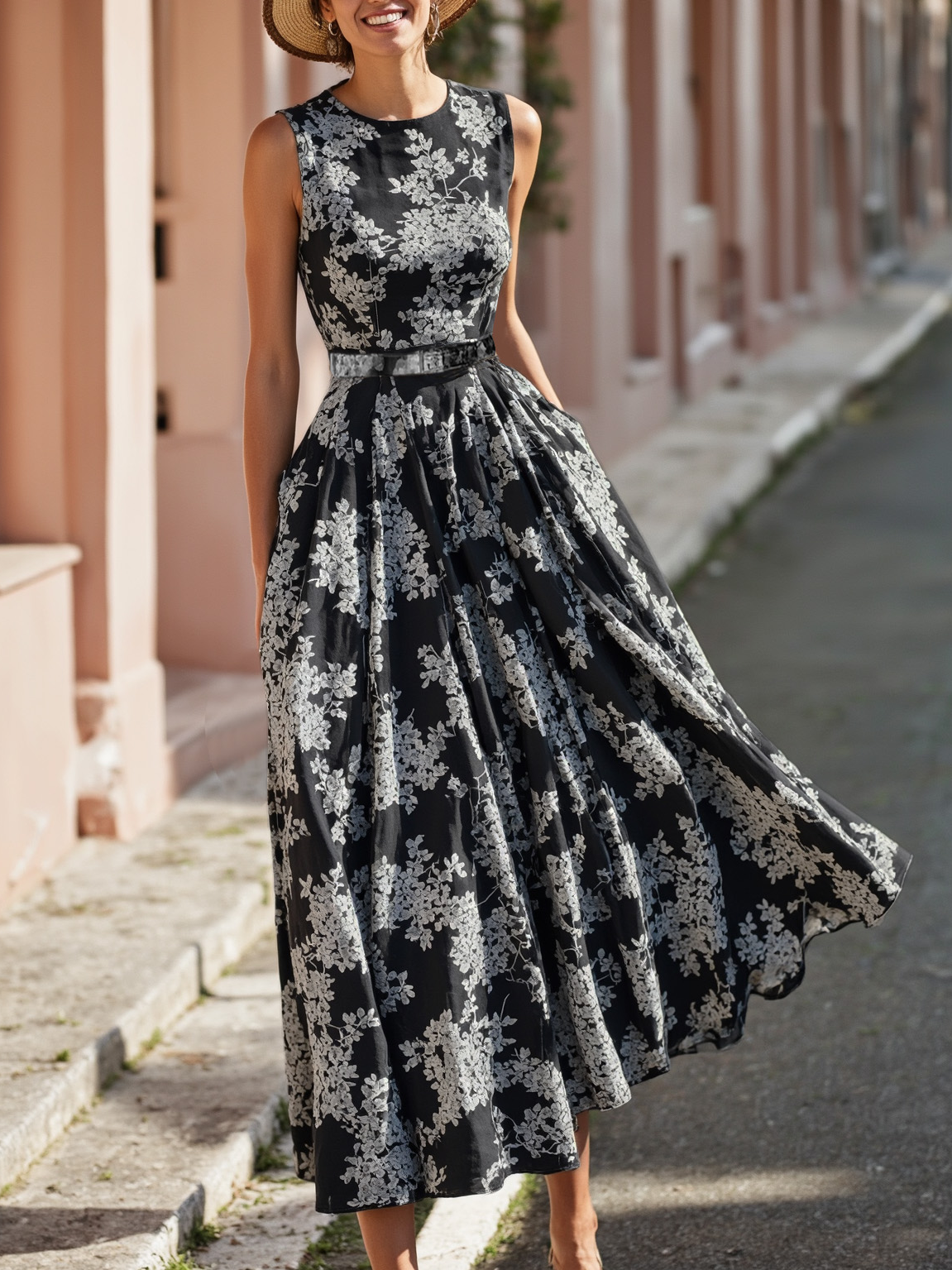 Robe longue en lin, sans manches, col rond, motif floral, ceinture, vacances, style vintage, bleue