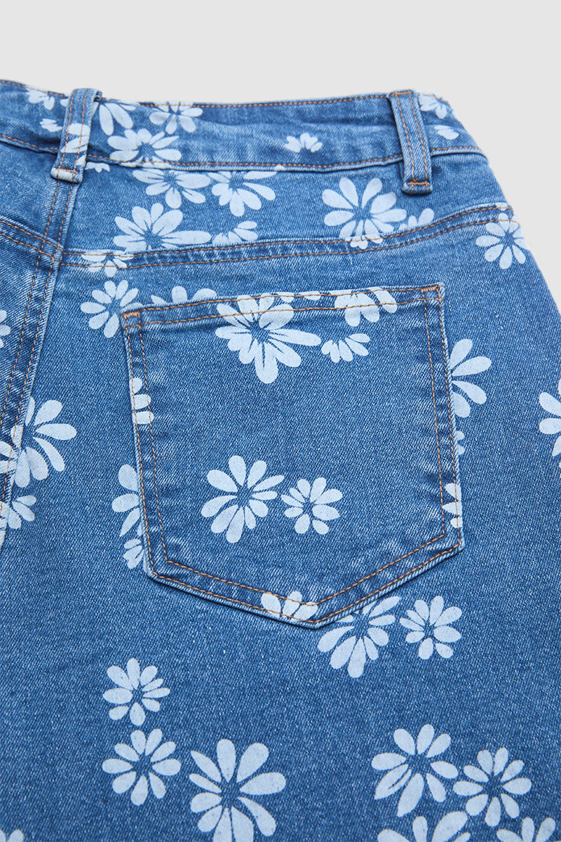 Wash Floral Print Ruffle Hem High Waist Wide Leg Jeans