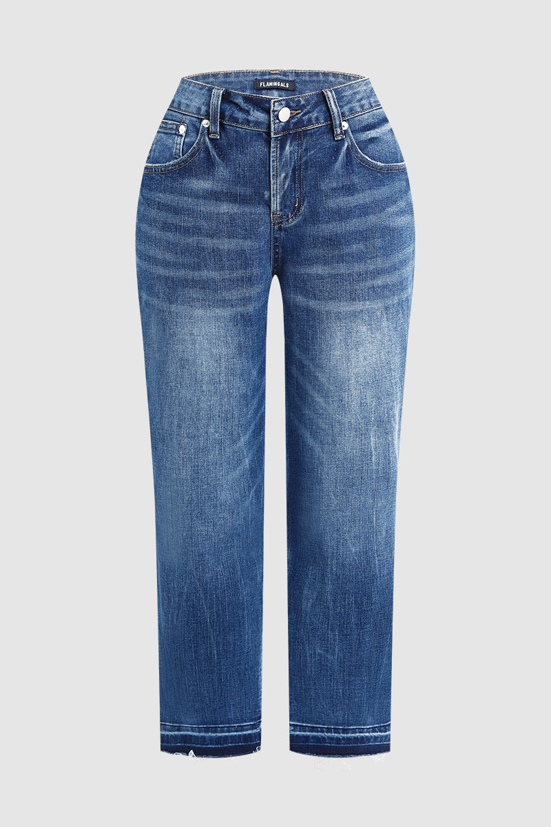 Wash Raw Hem Mid Rise Straight Leg Crop Jeans