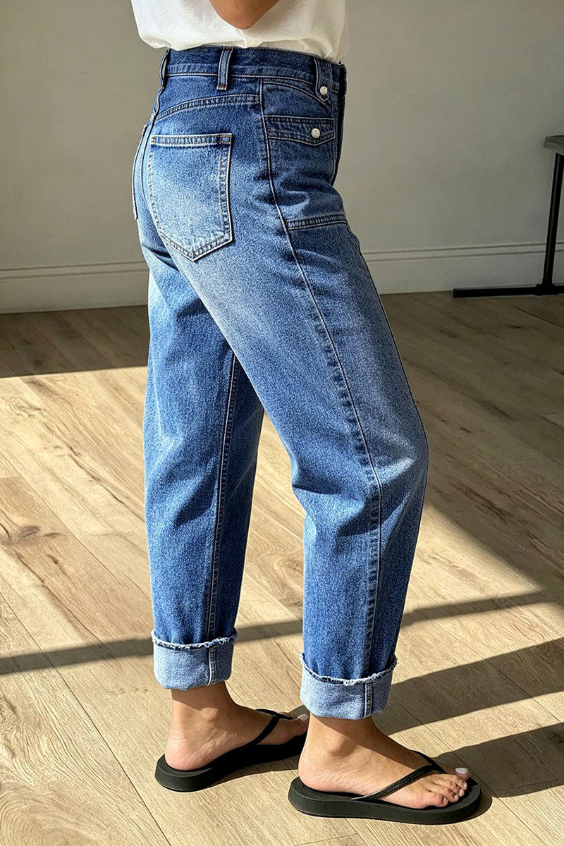 Roll & Raw Hem Stitch Detail Flap Decor High Waist Tapered Cropped Jeans